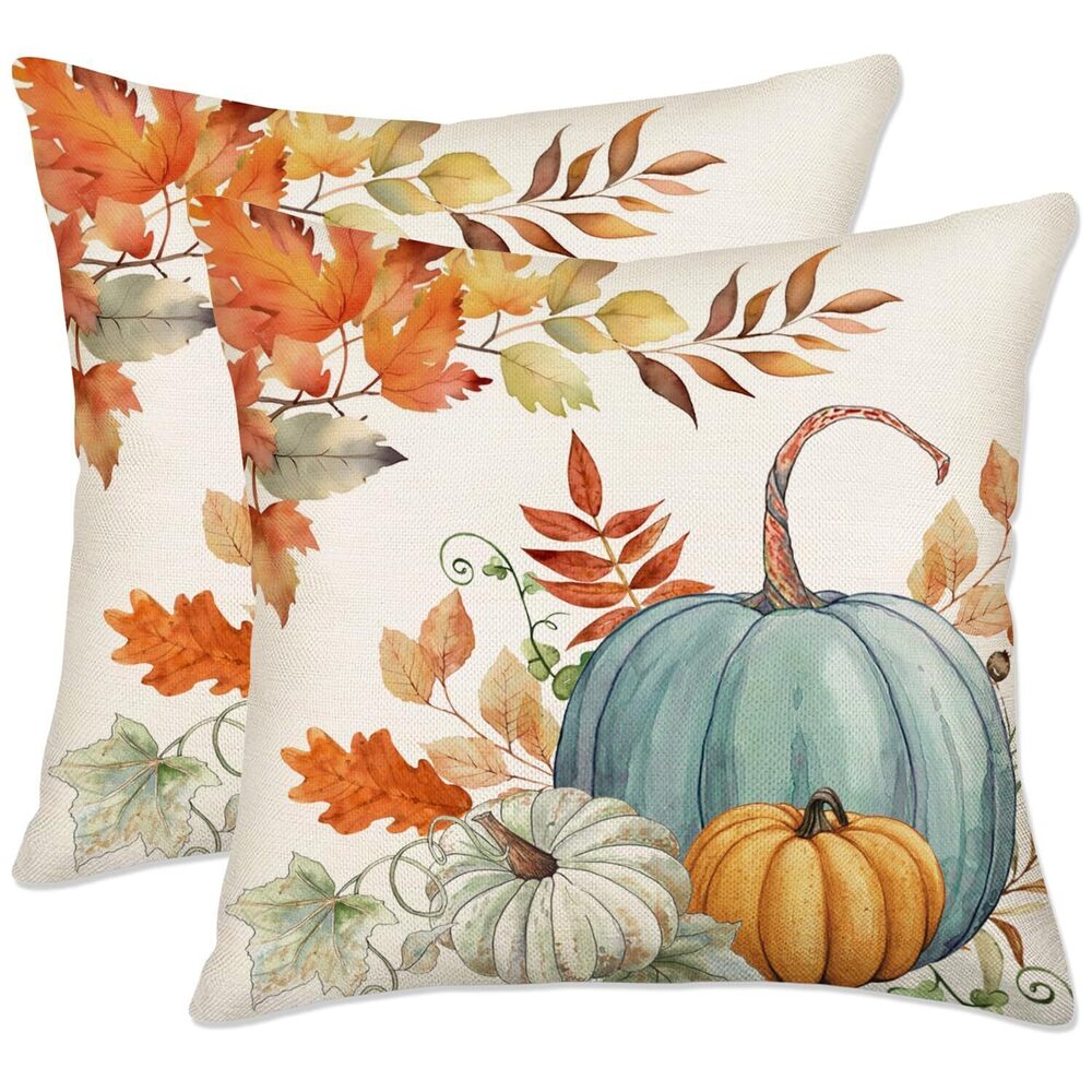 6739 Fall Pillow Covers 20x20 Set of 2, Orange Green Blue Pumpkin Fallen